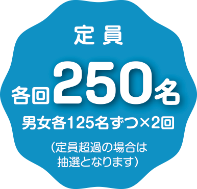 定員各回250名男女各125名ずつ×2回(定員超過の場合は抽選となります)